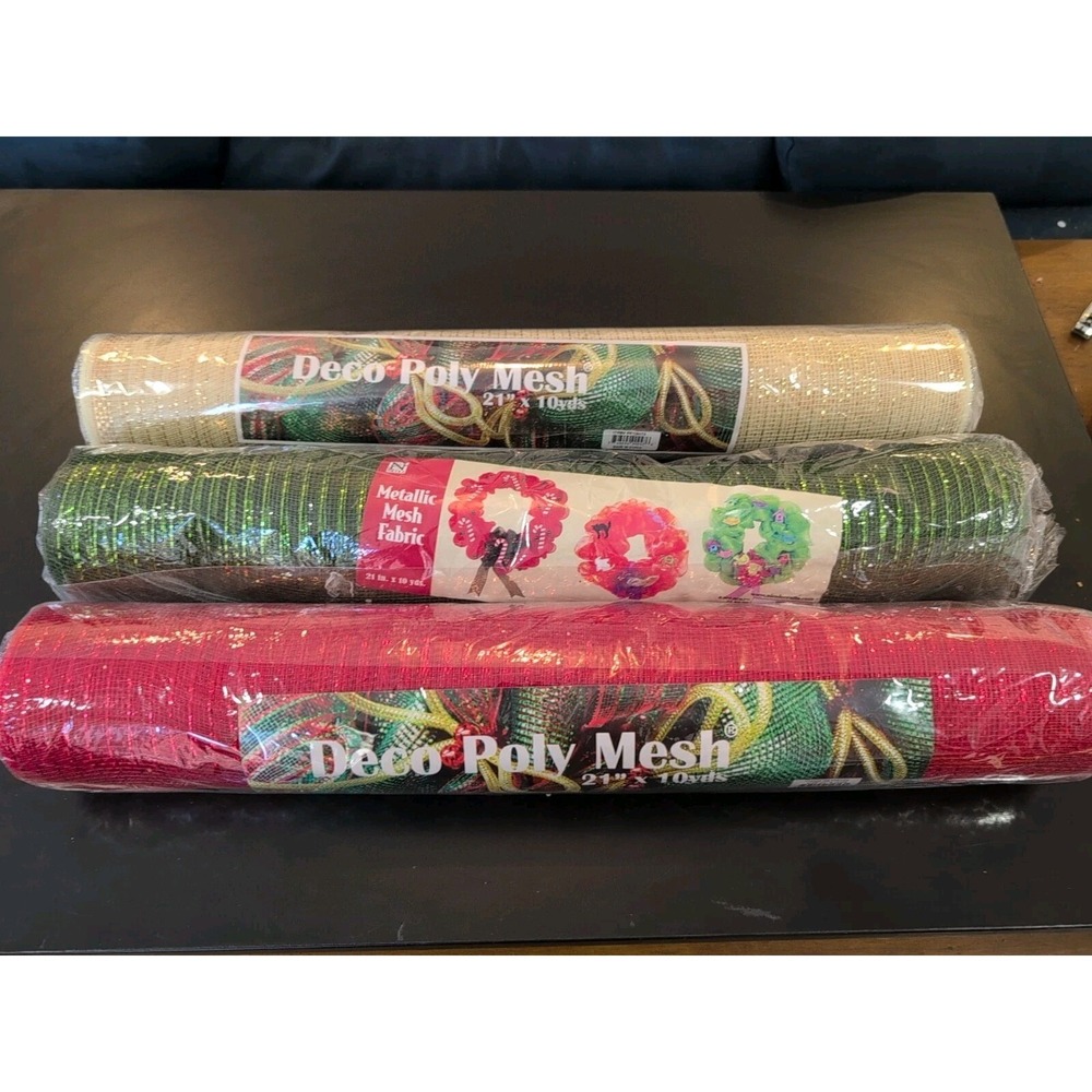 3 Christmas Red Green 21"x10 Yards Deco Poly Mesh Fabric Metallic Wreath Making